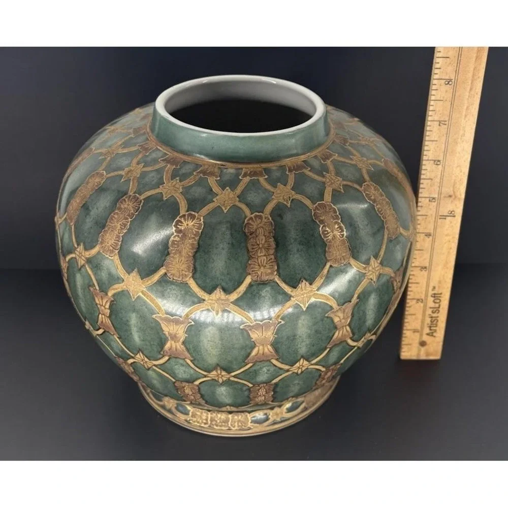 Green Gold Cloisonné Decorative Short Vase